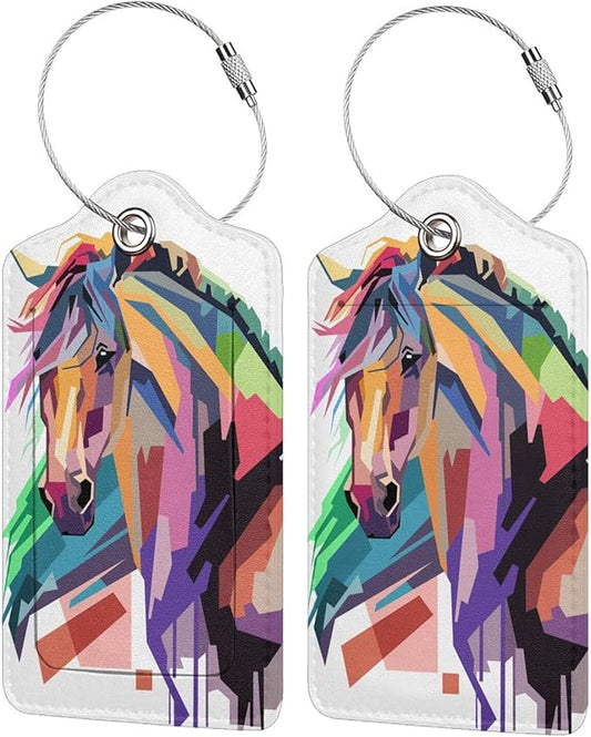 Horse Luggage Tags Set of 2 Suitcases Tags, Leather Bag Tags Artistic Animals Pattern Backpack Travel Bag, Cool Name Labels Identifiers Baggage Tags Women Girls Men Boys, 4.6 x 2.7 In