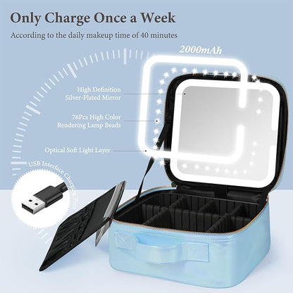 Travel Makeup Bag with LED Lighted Mirror, Cosmetic Makeup Organizer Bag with 3 Color Setting, Makeup Train Case with Adjustable Dividers for Women Makeup Brushes Jewelry Accessories