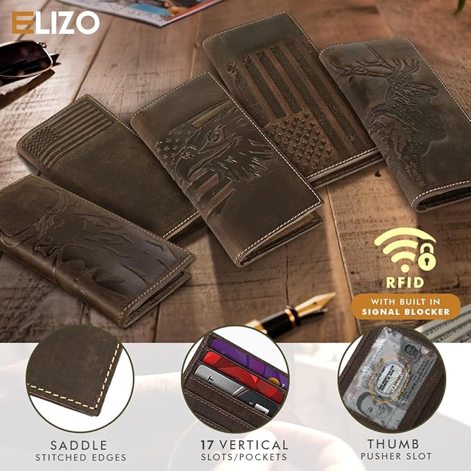 ELIZO Leather Long Wallet for Men Western Wallet Rodeo Mens Wallet Flat Bifold Wallets for Men Biker Billfold Wallet for Men Cowboy Wallet RFID Wallet for Men with Credit Card Holder