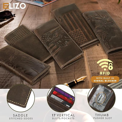ELIZO Men's Genuine Leather Long Wallet - RFID Blocking Rodeo Checkbook Wallet | Slim Western Bifold Wallet with 16 Card Slots, ID Window | Top Grain Leather Cowboy Wallet