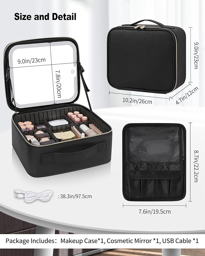TANTO Makeup Bag With LED Mirror, Travel Makeup Case with Light up Mirror Large Cosmetic Case with 3 Color Lighted Portable Organizer Bag with Adjustable Dividers（Black）