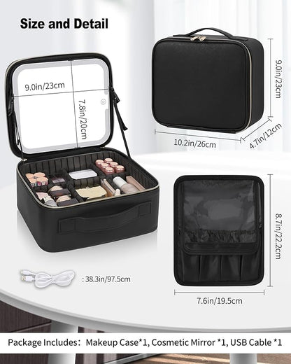 TANTO Makeup Bag With LED Mirror, Travel Makeup Case with Light up Mirror Large Cosmetic Case with 3 Color Lighted Portable Organizer Bag with Adjustable Dividers（Black）