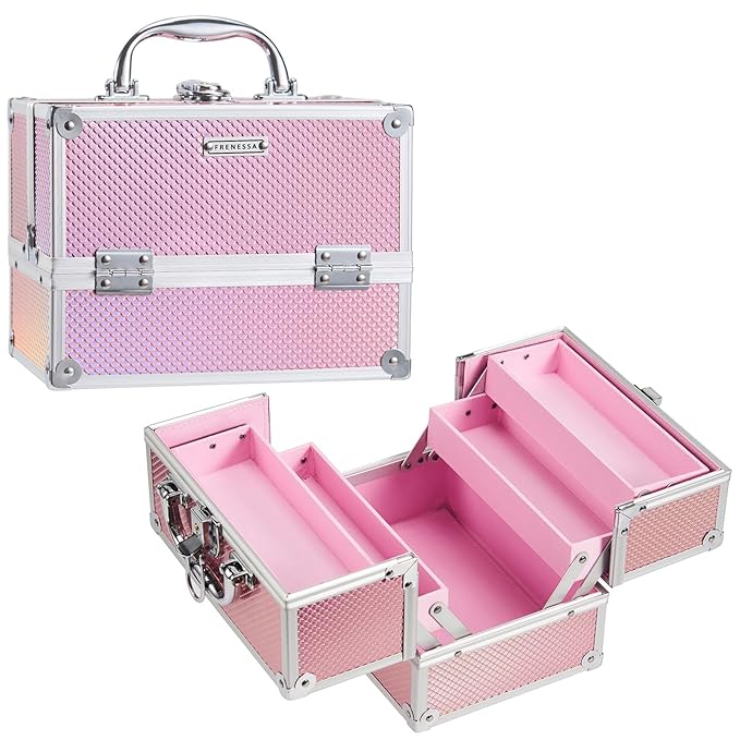 FRENESSA Makeup Train Case 8.85 Inch Portable Makeup Case Organizer Cosmetic Box Make Up Box Makeup Organizer Cosmetic Storage Cases with Locking Nail Kit Organizer Small Travel Case Mermaid Pink