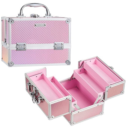 FRENESSA Makeup Train Case 8.85 Inch Portable Makeup Case Organizer Cosmetic Box Make Up Box Makeup Organizer Cosmetic Storage Cases with Locking Nail Kit Organizer Small Travel Case Mermaid Pink