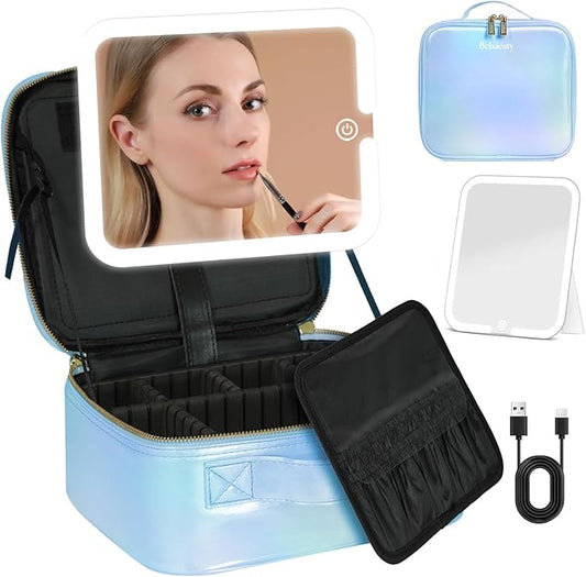 Travel Makeup Bag with LED Lighted Mirror, Cosmetic Makeup Organizer Bag with 3 Color Setting, Makeup Train Case with Adjustable Dividers for Women Makeup Brushes Jewelry Accessories