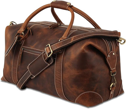 KomalC Leather Duffel Bags for Men and Women - Full Grain Buffalo Leather - Dark Tan