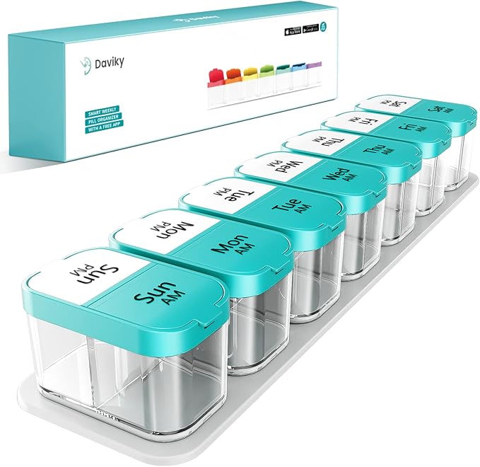 Daviky Large Weekly AM PM Pill Organizer - 7 Day, 2 Times a Day With Extra Large Compartments for Vitamins, Medicine, Supplements (Cyan)
