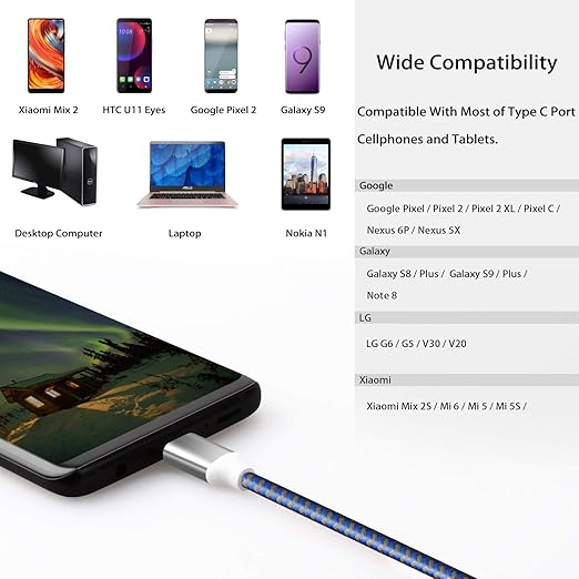 Fasgear USB C to USB A Cables 3 Pack 10ft Long 3A Fast Charging Type C 2.0 Charger Cord Nylon Braided Compatible with Galaxy S20 Note 10 S9 S8 A70 A60 A51/LG V20 G6/Moto G/PS 5 (Blue Purple Pink)