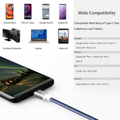 Fasgear USB C to USB A Cables 3 Pack 10ft Long 3A Fast Charging Type C 2.0 Charger Cord Nylon Braided Compatible with Galaxy S20 Note 10 S9 S8 A70 A60 A51/LG V20 G6/Moto G/PS 5 (Blue Purple Pink)