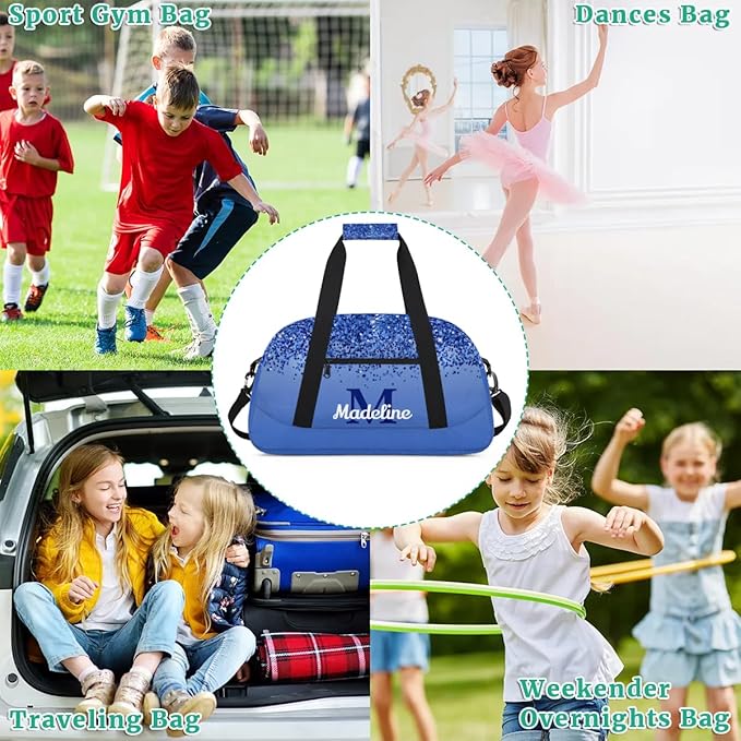 Personalized Kids Sports Duffel Bag with Name Custom Weekender Overnight Bag for Boys Girls Gym Bag Travel Dance Gymnastics Duffel Bag, Blue Glitter