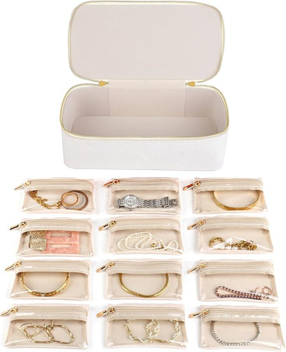 HofferRuffer Jewelry Box Organizer for Women Girls, Travel Jewelry Case with 12 Portable Zipper Bags, Jewelry Storage Ideal for Travel & Home Organization (12pcs-CreamWhite Velvet)