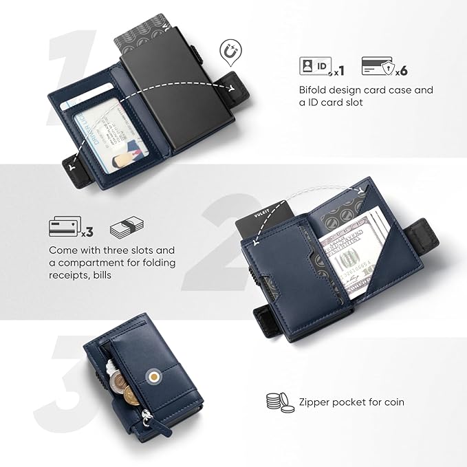 VULKIT Card Holder Bifold Pop Up Leather Wallet for Men RFID Blocking Metal Card Case, Holds 9 Cards and Banknotes Navy