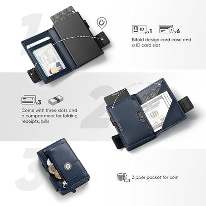 VULKIT Card Holder Bifold Pop Up Leather Wallet for Men RFID Blocking Metal Card Case, Holds 9 Cards and Banknotes Navy