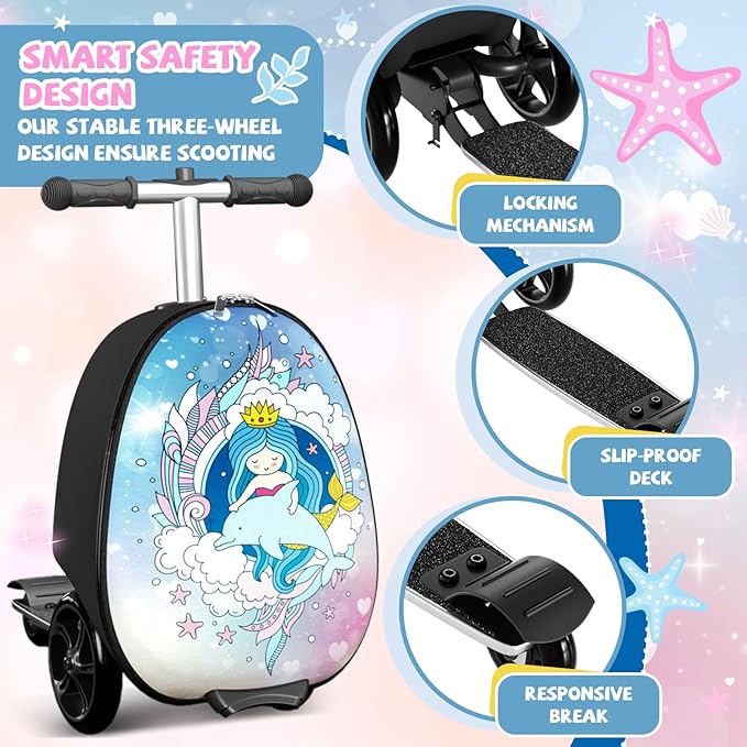 Scooter Suitcase for Kids, 2 in 1 Ride-on Luggage with Flash PU Wheels, Adjustable Handle & TPR Non-Slip Grip, Foldable & Lightweight, Ages 5-12