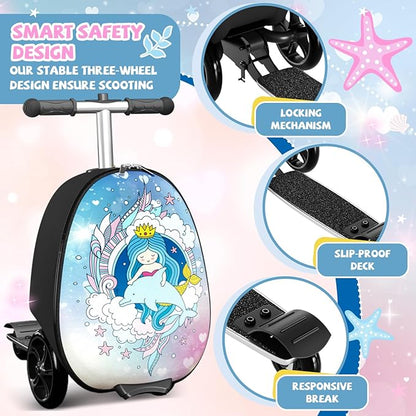 Scooter Suitcase for Kids, 2 in 1 Ride-on Luggage with Flash PU Wheels, Adjustable Handle & TPR Non-Slip Grip, Foldable & Lightweight, Ages 5-12