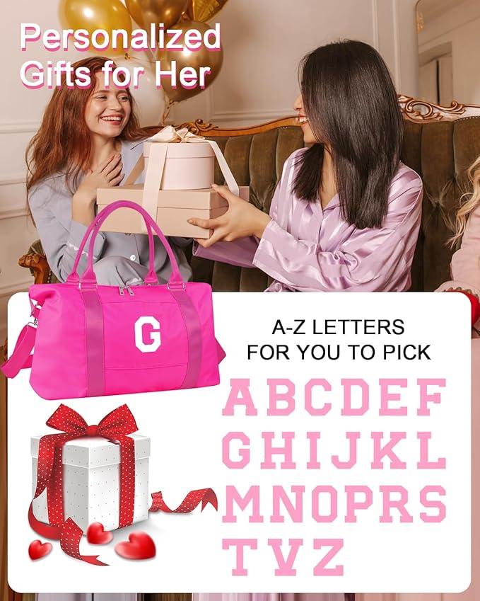 Overnight Bag for Kids Teen Girls Weekender Dance Bag Birthday Graduation Gifts,Initial Travel Duffel Bag Sports Gym Bag Personalized Weekender Bag Carry On Bags Preppy Gifts for Women(Hot Pink, G)