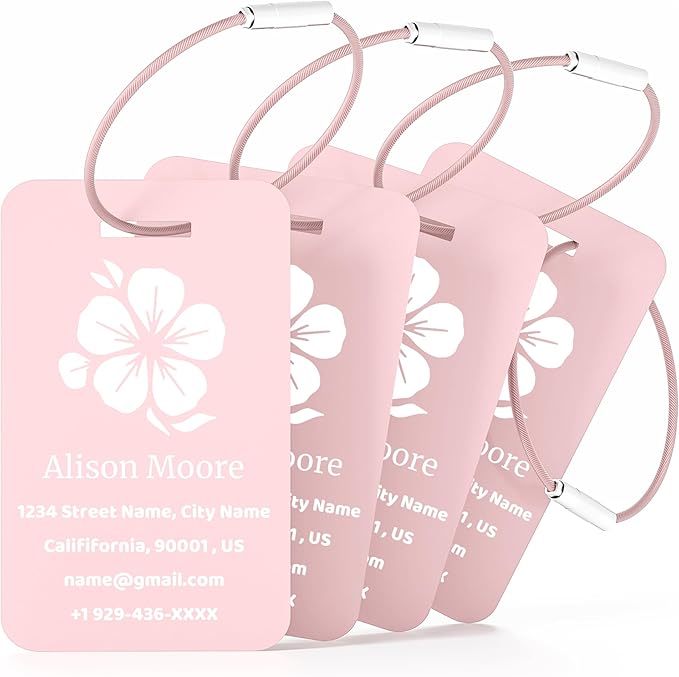 4 PCS Personalized Luggage Tags for Suitcases, Custom Aluminum Luggage Tags for Bags and Backpacks, Waterproof & Heavy Duty Personalized Metal Name Tags for Travel (Pink)