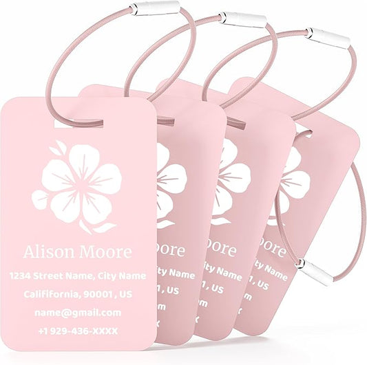 4 PCS Personalized Luggage Tags for Suitcases, Custom Aluminum Luggage Tags for Bags and Backpacks, Waterproof & Heavy Duty Personalized Metal Name Tags for Travel (Pink)