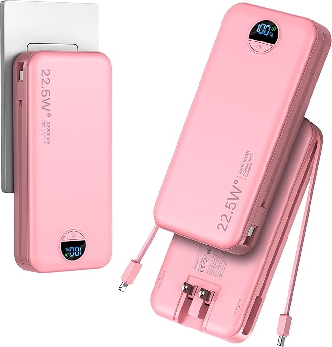 20000mAh Ultra-Portable-Charger-Power-Bank PD20W with Built in Cables&AC Wall Plug,Fast Charging Cell Phone Charger Battery Pack,LED Display Travel Battery Bank for All iPhone,Samsung,Android