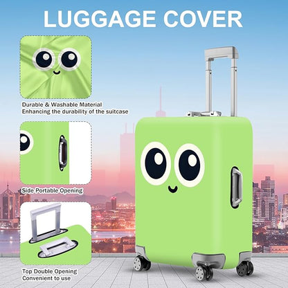 ANNA QUEEN Cute Smiley Face Luggage Cover, Green and Teal Cartoon Suitcase Protector with Big Eyes Design, Stretchable, Washable Travel Cover for 32-34 Inch Luggage