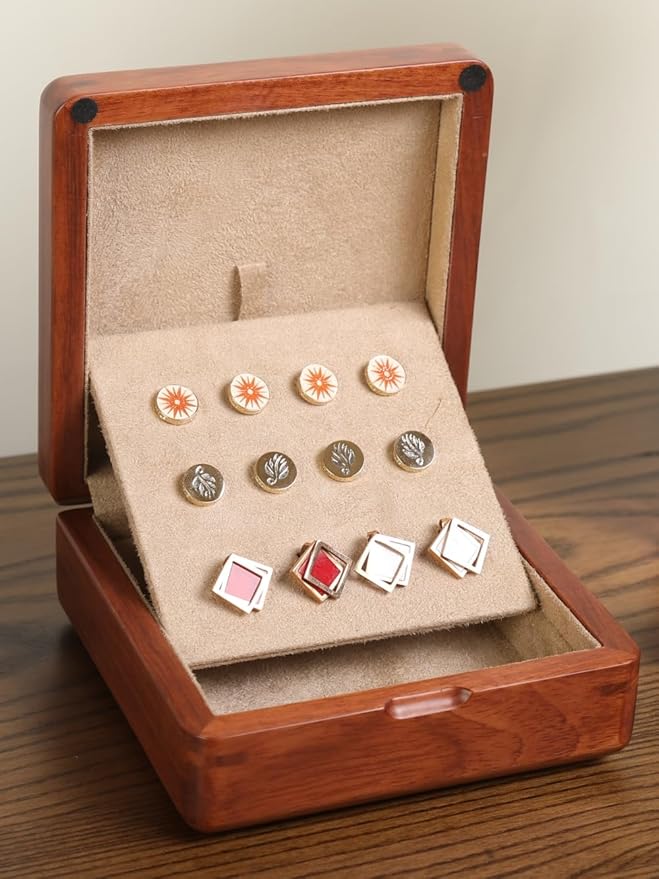 Rosewood Cufflink Organizer Storage Box No-Veneer Solid Wood Craftsmanship Hold 12 Cufflinks Rings Earrings Smooth Surface Soft Coral Fleece Lining Compact for Travel Gift Jewelry Enthusiasts