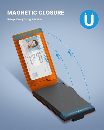 typecase Tactical Wallet for Men Card Holder: Pop Up Card Case, Genuine Leather, Smart, RFID Blocking, Slim, Minimalist, Thin, Front Pocket - 9-13 Card Capacitiy, ID Window, Money Clip (Orange)