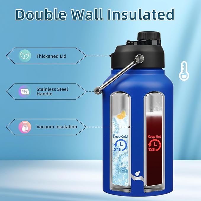 Jug with Handle,87 oz Insulated Water Bottle with Carrying Pouch, Double Wall Vacuum Stainless Steel Metal Bottle,Blue