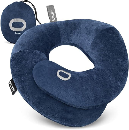 BCOZZY Organic Cotton Double Support Neck Pillow for Travel - 3 Ergonomic Positions for Head, Neck, and Chin Comfort - Ideal for Sleeping Upright on Flights, Cars, and at Home – Large, Navy
