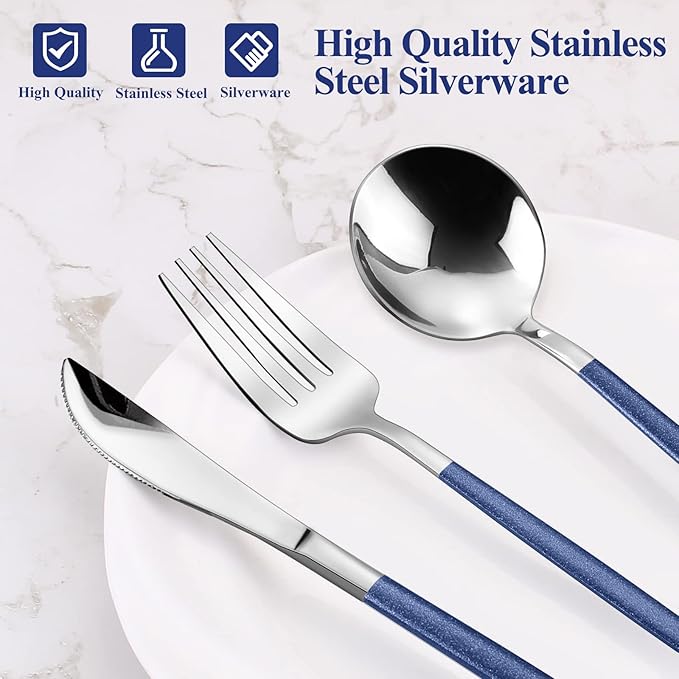 Mirror Silver Blue Silverware Set, 20-Piece Stainless Steel Flatware Set, Satin Finish tableware Cutlery Set, Service for 4, Home and Restaurant, Dishwasher Safe