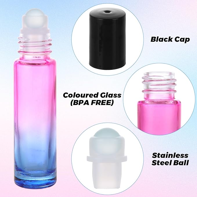 Acrux7 50 PCS 10ml Roller Bottles for Essential Oils, Gradient Color Glass Roll on Bottle Refillable Empty Perfume Roller Bottles with Stainless Steel Ball for Travel, Essential Oils, Perfume