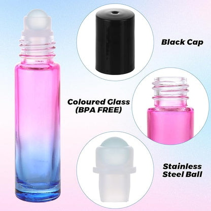 Acrux7 50 PCS 10ml Roller Bottles for Essential Oils, Gradient Color Glass Roll on Bottle Refillable Empty Perfume Roller Bottles with Stainless Steel Ball for Travel, Essential Oils, Perfume