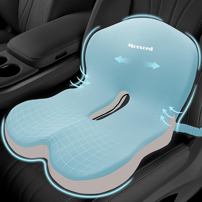 Memory Foam Seat Cushion for Sciatica & Back Pain Relief - Ergonomic Chair Pad with Adjustable Strap & Supportive Comfort Cover, Non-Slip for Car, Truck, Office Chair - Blue