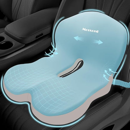 Memory Foam Seat Cushion for Sciatica & Back Pain Relief - Ergonomic Chair Pad with Adjustable Strap & Supportive Comfort Cover, Non-Slip for Car, Truck, Office Chair - Blue