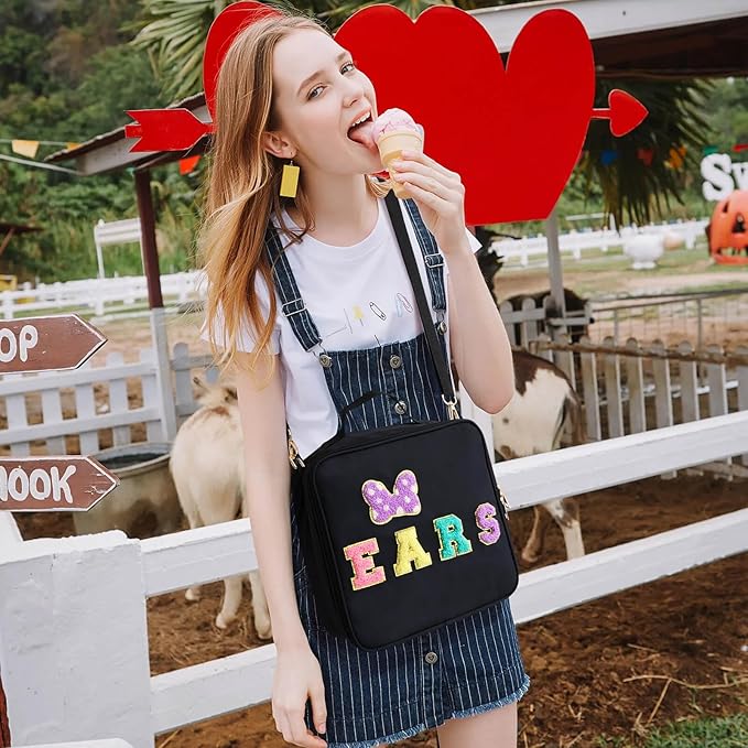 Chenille Letter Bow Mouse Ears Travel Case, Park Ears Headband Holder Hair Accessories Organizer Bag for Girls Women Kids Adults, Large Makeup Bag Snack Bags with Zipper for Travel Picnic - Black