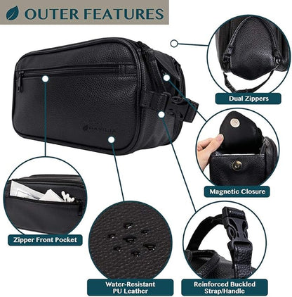 PAVILIA Toiletry Bag for Men, Travel Essentials Shaving Dopp Kit, Mens Travel Bag Toiletries Organizer Case for Grooming, PU Leather Water Resistant Cosmetic Bag Pouch (Black)