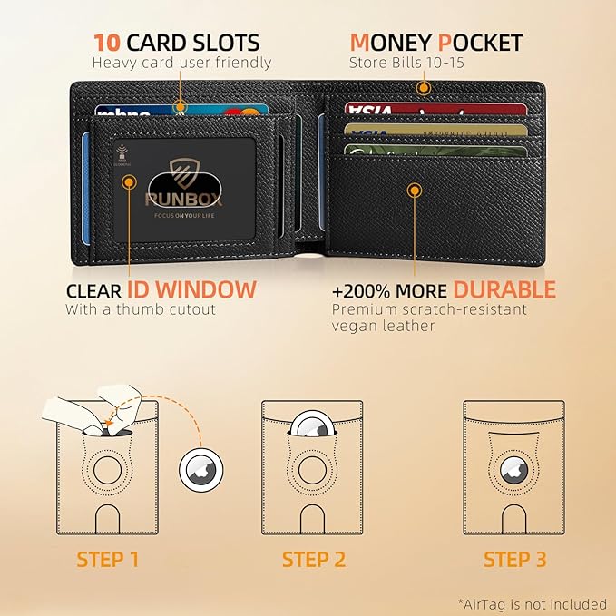RUNBOX AirTag-Wallet-Mens-Slim-RFID Blocking Wallets Leather with Bill Compartment Air Tag Bifold Card Holder Wallet Gifts for Men Dad