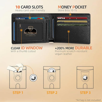 RUNBOX AirTag-Wallet-Mens-Slim-RFID Blocking Wallets Leather with Bill Compartment Air Tag Bifold Card Holder Wallet Gifts for Men Dad