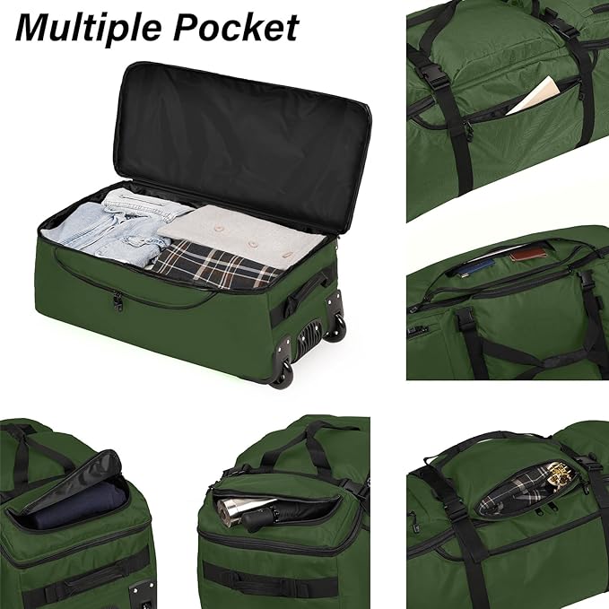 Rolling Duffle Bag with Wheels, 90L 32-inch Large Foldable Travel Duffel Bags Durable, Tear-resistant Heavy-duty Luggage Bag (Green)