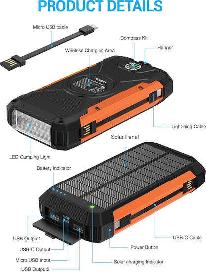 Solar Charger Power Bank -38600mAh Solar Phone Charger Built in 3 Cables Waterproof Outdoor External Battery Pack with 4 Outputs 2 Inputs USB C 15 W Powerbank with Camping Light Compass