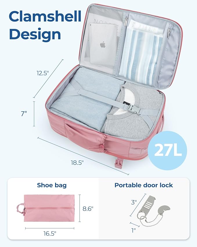 BAGSMART Carry On Backpack, 17.3 Inch Large Travel backpack Carry On Flight Approved, Personal Item Backpack Travel Bag With Shoe Bag, 27L Water Resistant Casual Daypack, Pink