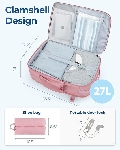 BAGSMART Carry On Backpack, 17.3 Inch Large Travel backpack Carry On Flight Approved, Personal Item Backpack Travel Bag With Shoe Bag, 27L Water Resistant Casual Daypack, Pink