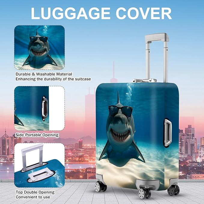 ANNA QUEEN Cool Shark Luggage Cover, Sunglass-Wearing Shark Underwater Design, Stretchable, Washable Travel Protector for 28-30 Inch Luggage