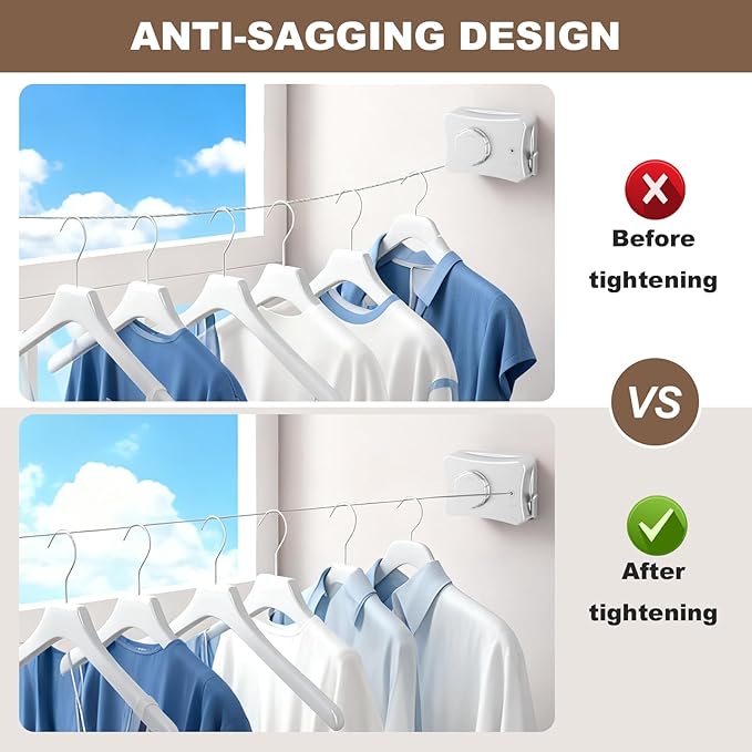 Retractable Clothesline for Outdoor & Indoor Use, 16.73 Ft Heavy Duty Retracting Clothes Line with Single Stainless Steel Rope - Laundry Drying Rack for Bathroom, Outside Areas (White)