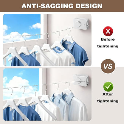 Retractable Clothesline for Outdoor & Indoor Use, 16.73 Ft Heavy Duty Retracting Clothes Line with Single Stainless Steel Rope - Laundry Drying Rack for Bathroom, Outside Areas (White)