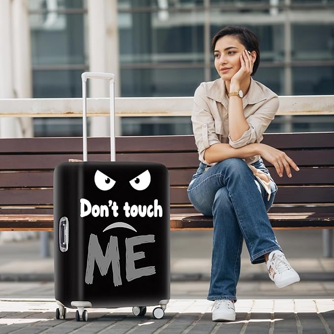 Funny 'Don't Touch Me' Luggage Cover – Black Travel Suitcase Protector with Angry Face Design, Stretchable and Protective Cover for Travelers Fits 32''–34'' Suitcases (Size XL)
