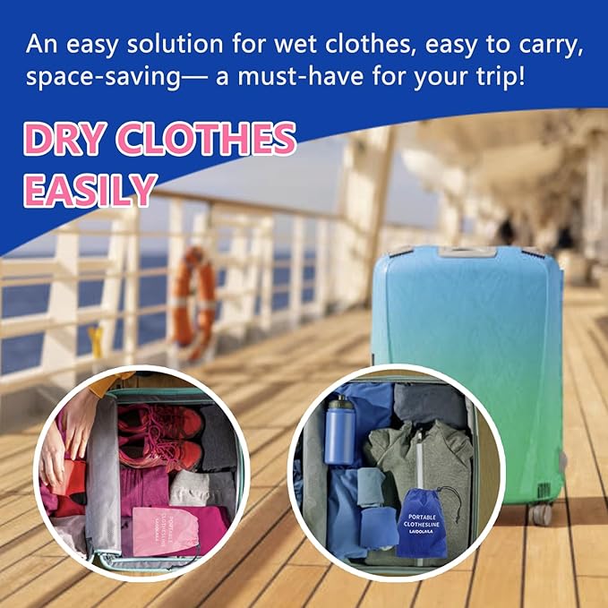 Magnetic Retractable Clothes Line for Cabin - Approved 2025 Cruise Essentials - Drying Rack Travel Clothesline with Clothespins -4 Cruise Luggage Tags- Strong Magnets Hooks (Pink)