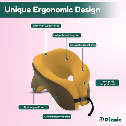 Picnic Neck Pillow for Traveling | 100% Pure Memory Foam Travel Pillow for Airplanes, Car & Office | Ergonomic Support with Adjustable Clasp, Eye Mask & Compact Travel Bag | Perfect for Relaxation