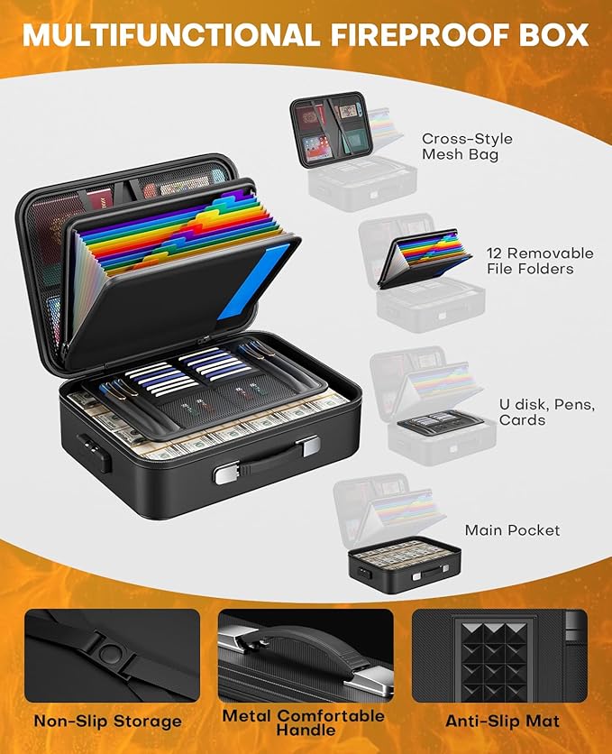 Fireproof Document Box, Hard Case Fireproof Document Organizer with Lock, Water Resistant Safe Box for Important Documents Certificates Laptop Passports, Black