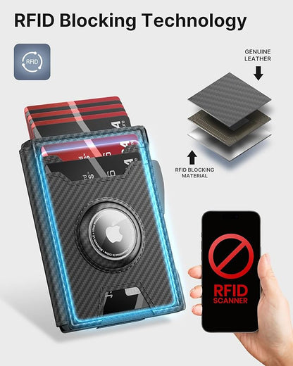 typecase AirTag Wallet for Men: Pop Up Card Case, Secure Holder for Apple Air Tag, Premium Leather, Smart, RFID Blocking, Slim, Minimalist, 13 Cards Capacitiy | ID Window | Money Clip (Carbon Fiber)