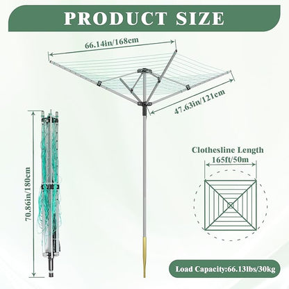 Outdoor Umbrella Drying Rack 165 Feet Umbrella Clothesline with 12 Lines Rotary Drying Rack Adjustable Height 4-Arm Foldable Clothes Drying Rack with Protective Cover for Backyard- Green